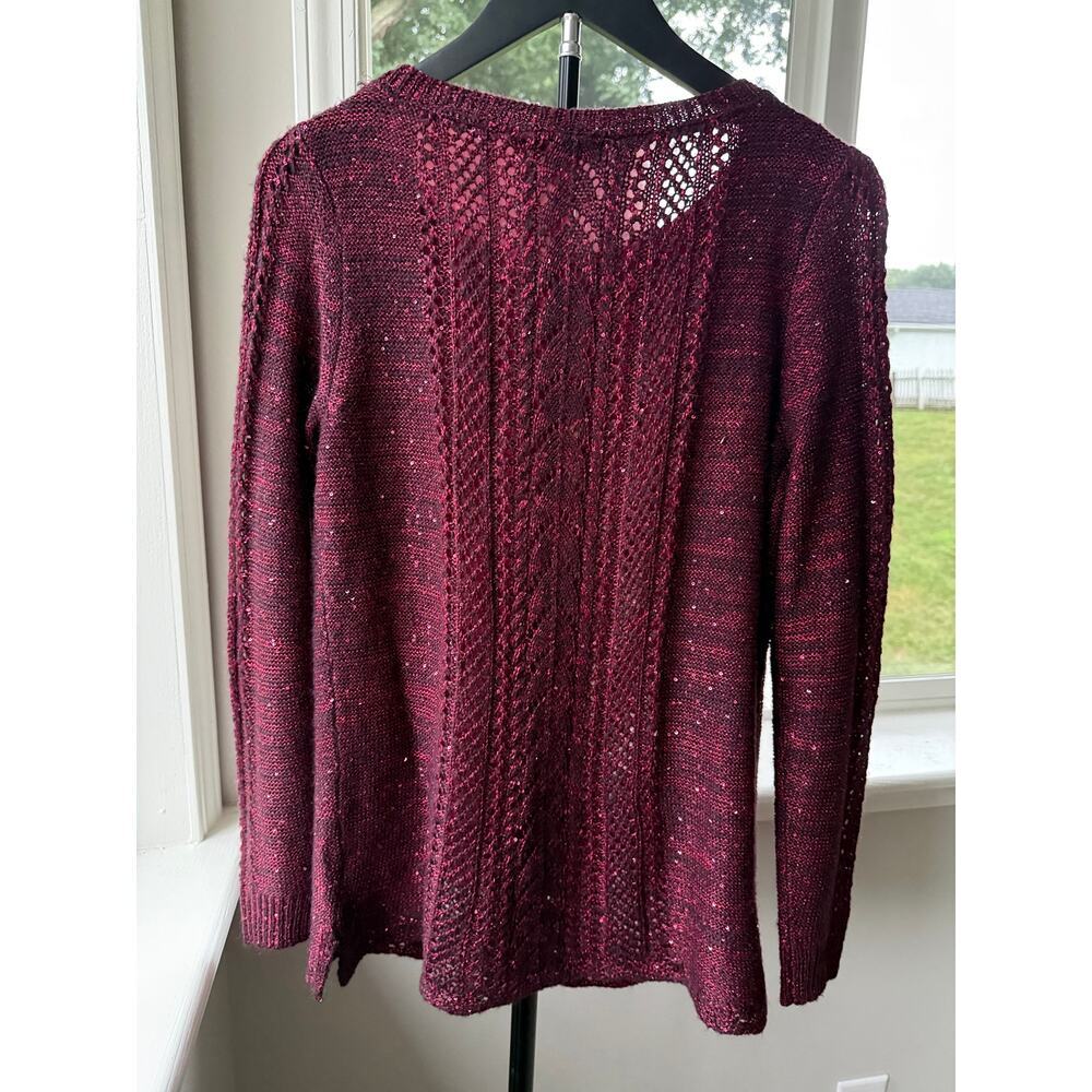 Burgundy Metallic Sequin Open Knit Sweater Small Holiday Party Cable Knit - Picture 6 of 6